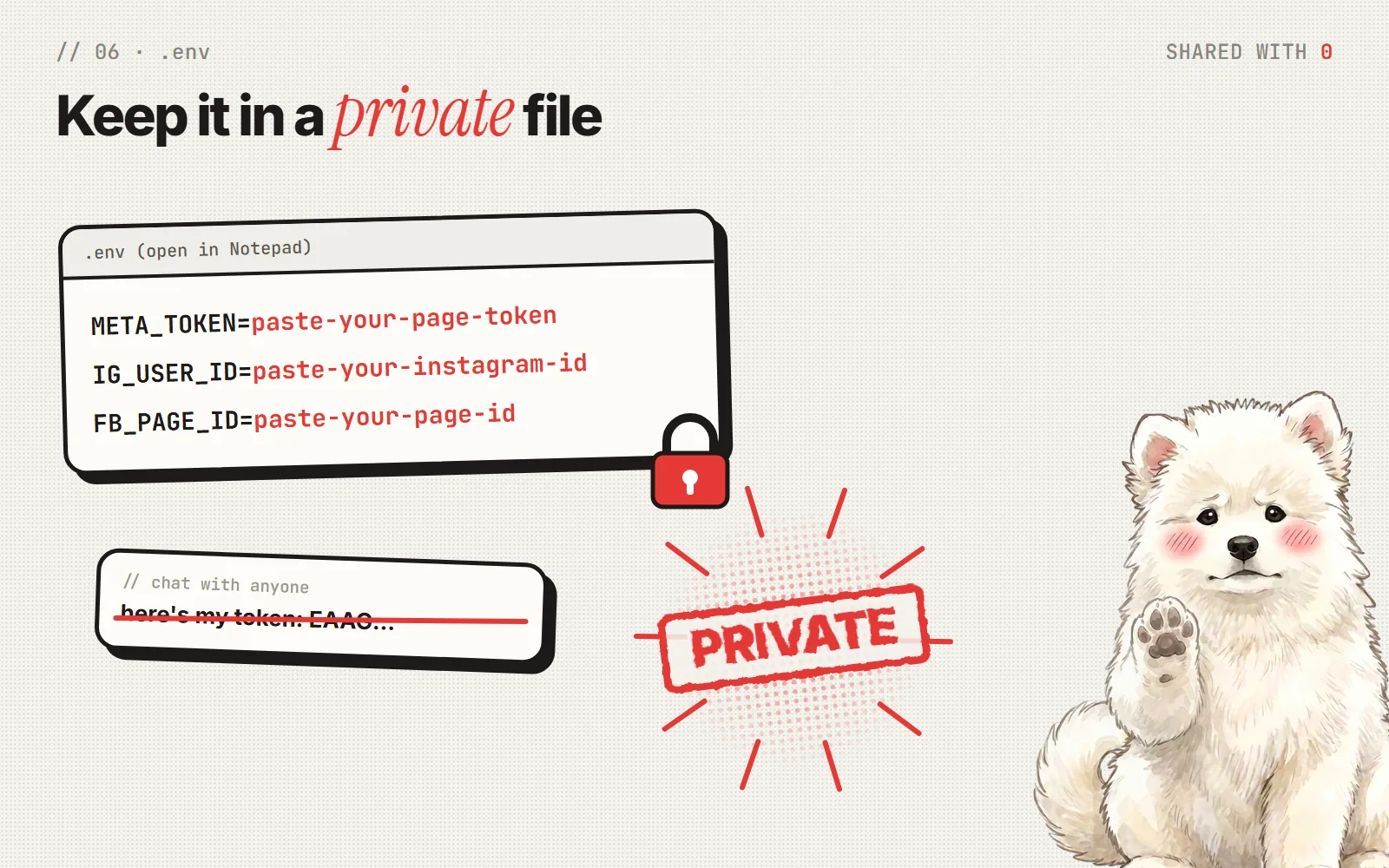 The private .env file has three lines: your page token, your Instagram ID and your Page ID. Keep it private.