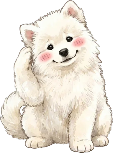 Misu the Samoyed puppy, thinking with a paw on the cheek