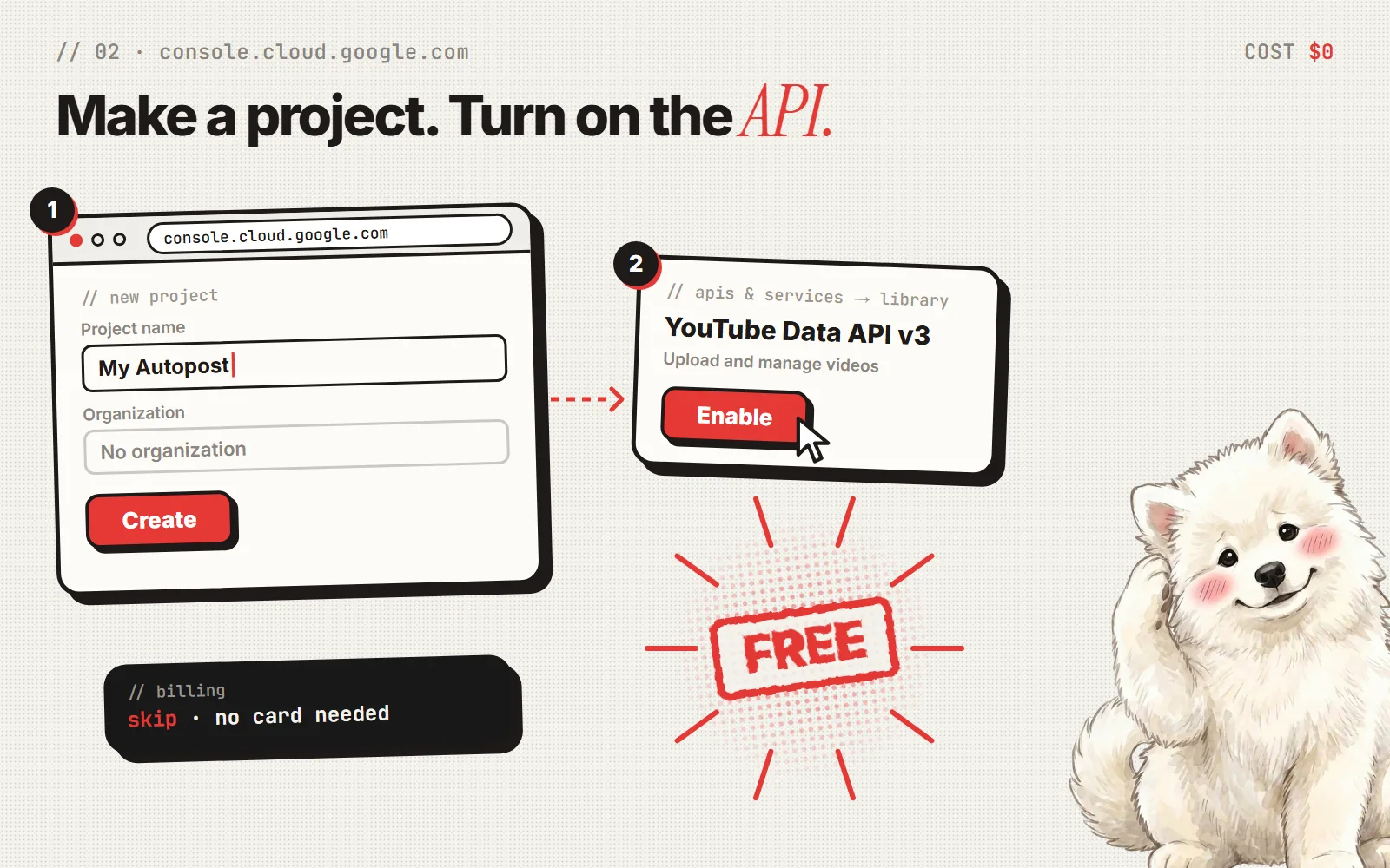 In Google Cloud, create a project with no organization, then find YouTube Data API v3 in the Library and click Enable